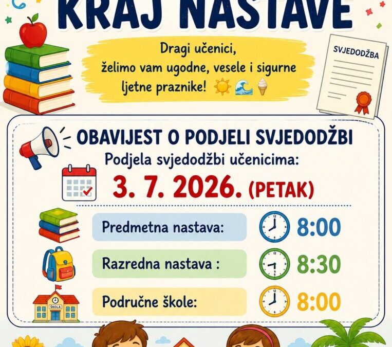 Podjela svjedodžbi za učenike od 1. do 7. razreda