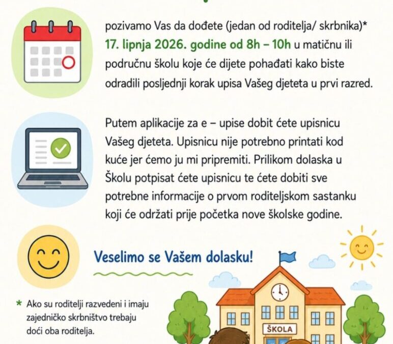 Obavijest o upisu u 1. razred osnovne škole 17. 6. 2026.